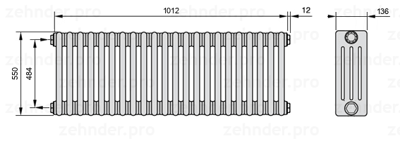 Схема (чертеж) Радиатор Zehnder Charleston 4055/22 №1270 Белый глянцевый RAL 9016